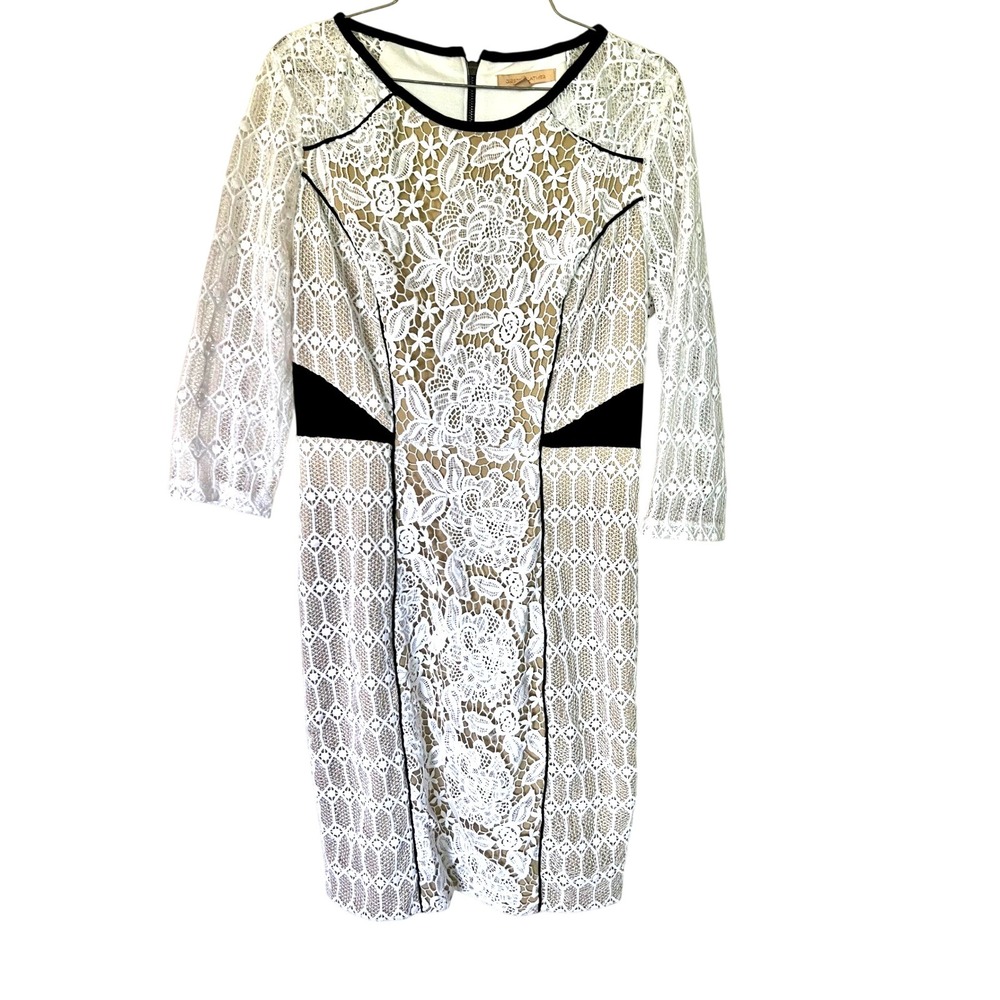 Gibson Latimer White Floral Lace Sheath Dress Black Trim 3/4 Sleeve Size 8